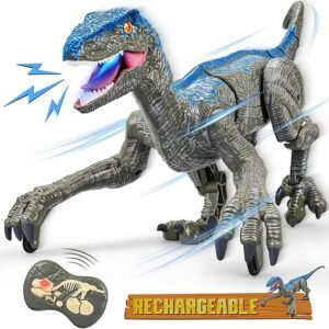 Remote Control Dinosaur: 2.4G RC Velociraptor Toy with 3D Eyes, Roaring Sounds, and Shaking Head – Perfect Gift for Kids Aged 5-8